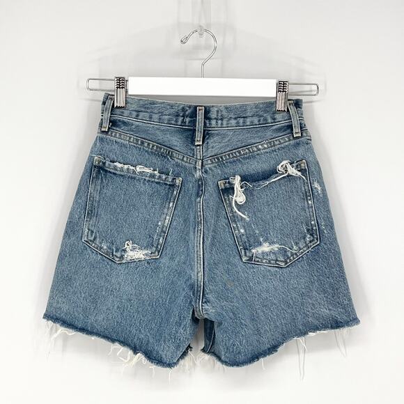 AGOLDE Dee Distressed Denim Shorts Raw Hem Blue High Rise Women’s Size 24 - Picture 5 of 5